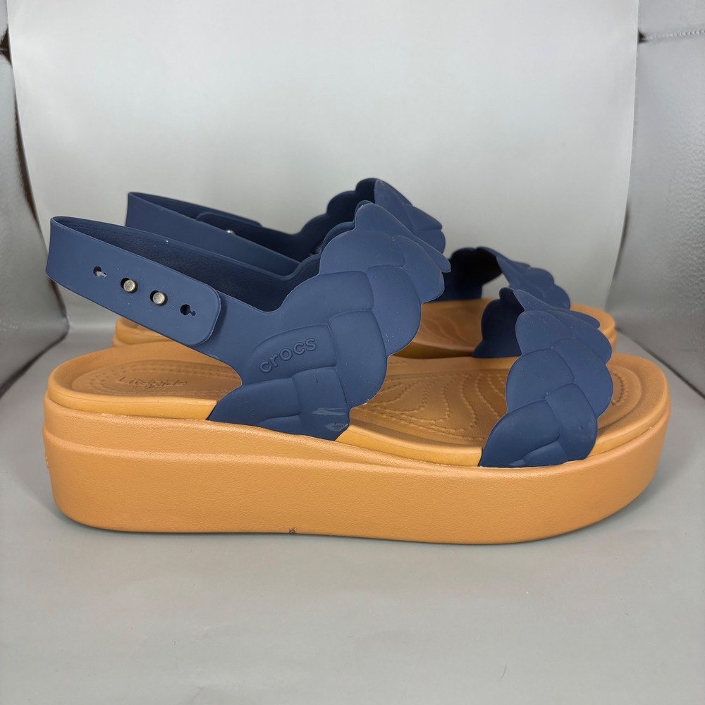 Crocs Brooklyn Braided Buckle Low Wedge Sandals Navy Tan 209977 Women W9